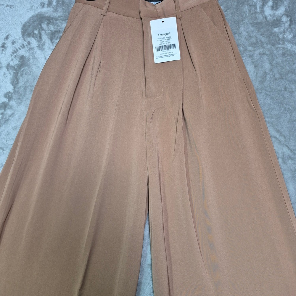 Tronjori Women Camel High Waisted Wide Leg Palazzo Pants Pleated XS Short NWT